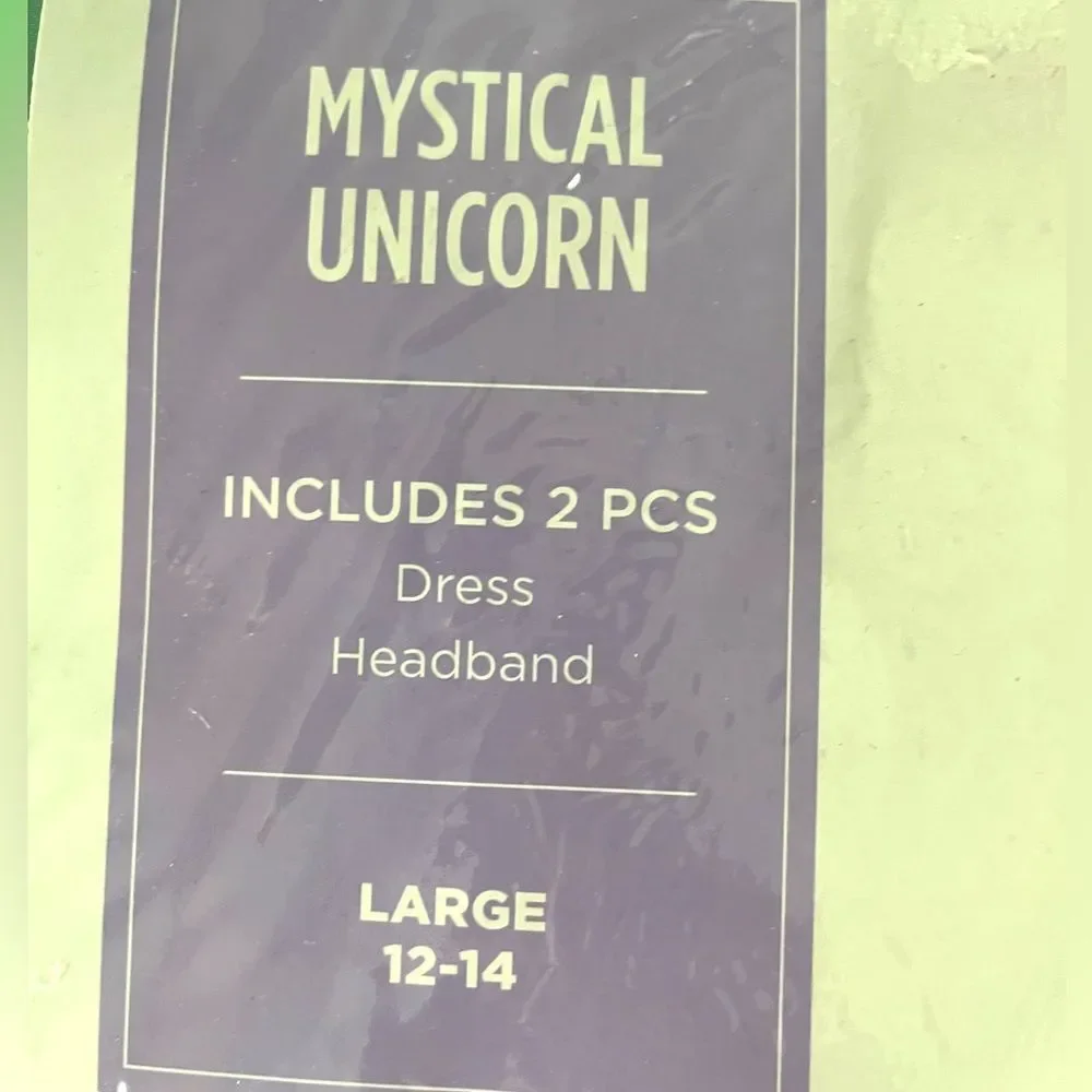 Mystical Unicorn Costume Girls Large 12-14 Rainbow Halloween Dress Headband Set